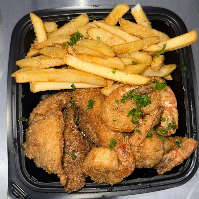 Double Up plate of fried jumbo shrimp and fried chicken