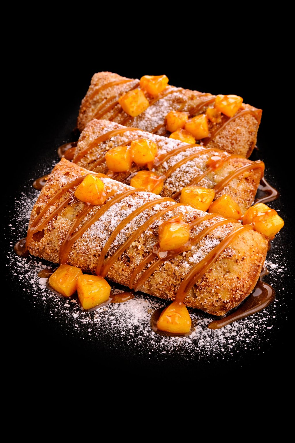 Peach cobbler bites with caramel drizzle