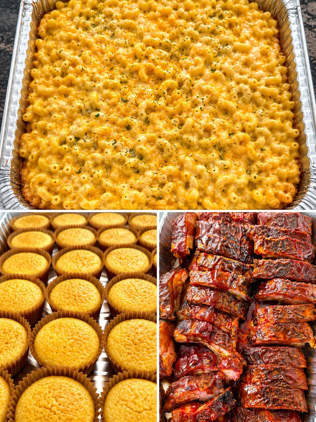 Baby back ribs with mac and cheese and cornbread muffins
