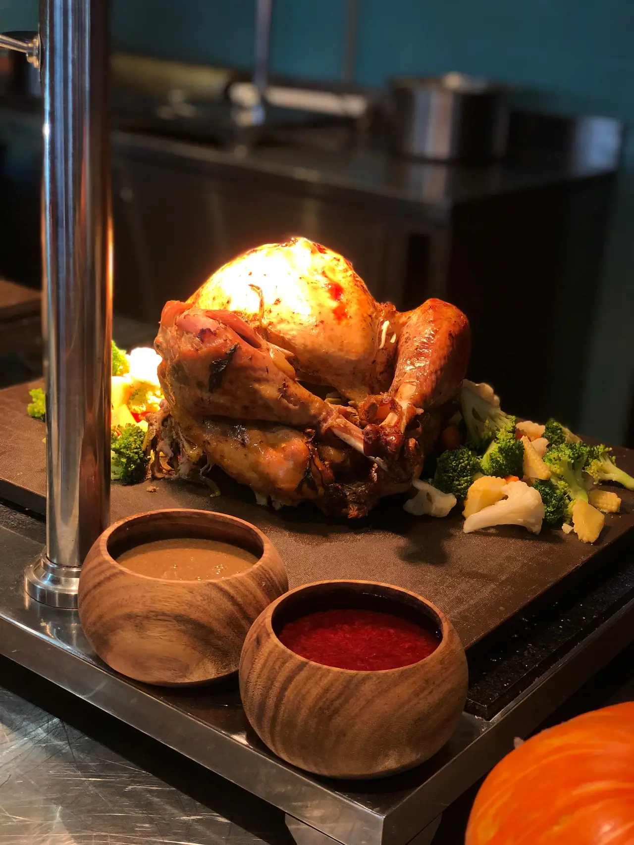 Whole roasted turkey for a catered Thanksgiving dinner